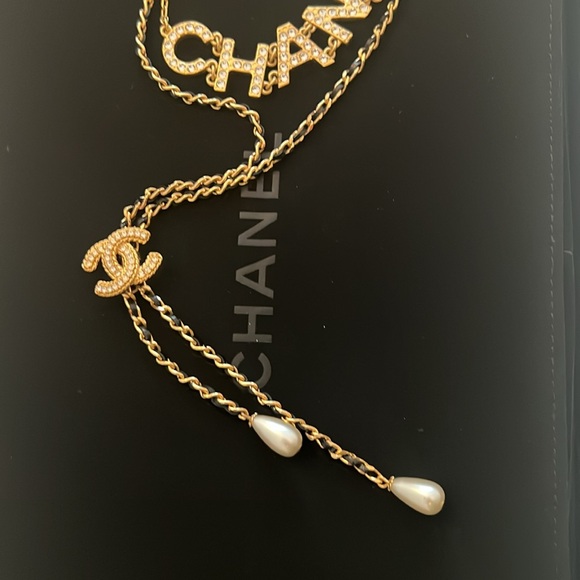 Chanel Double Necklace Rhinestone Chanel and Gold and Black Leather Necklace - Picture 4 of 8